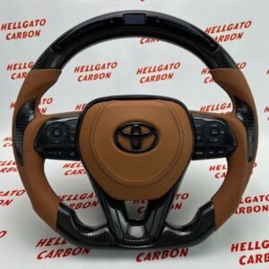 2020 Toyota Corolla Custom Gloss Black Carbon Fiber Steering Wheel | OEM Flat Bottom | LED Shift Lights | Brown Leather