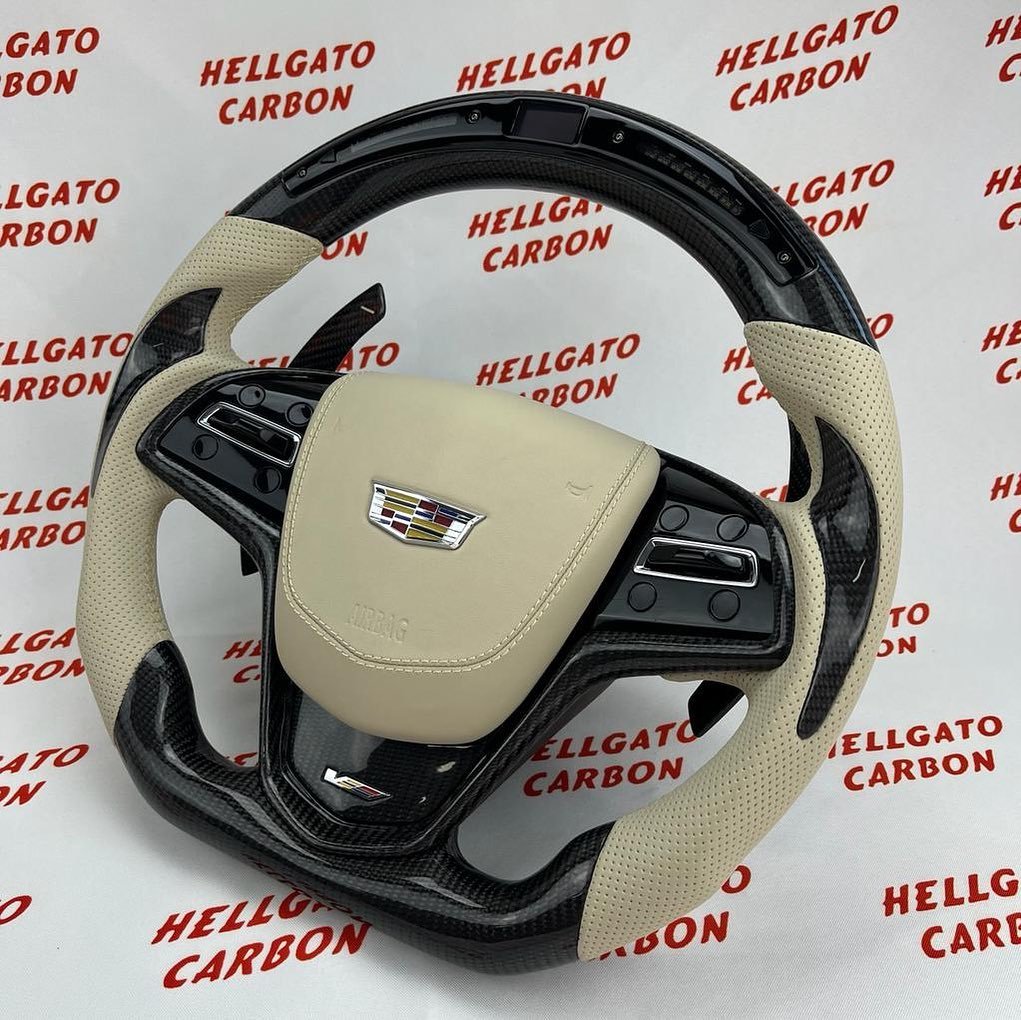 2019 Cadillac CTS-V Custom Gloss Black Carbon Fiber Steering Wheel | OEM Flat Bottom | Heated | LED Shift Lights - Image 4