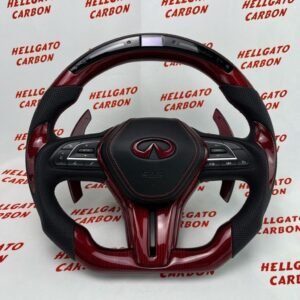2017 Infiniti Q60 Custom Red Carbon Fiber Steering Wheel | OEM Flat Bottom | LED Shift Lights | Extended Paddle Shifters