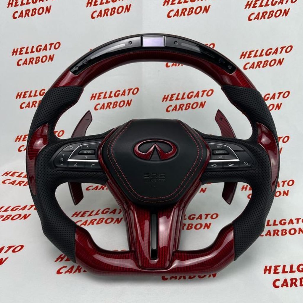 2017 Infiniti Q60 Custom Red Carbon Fiber Steering Wheel | OEM Flat Bottom | LED Shift Lights | Extended Paddle Shifters