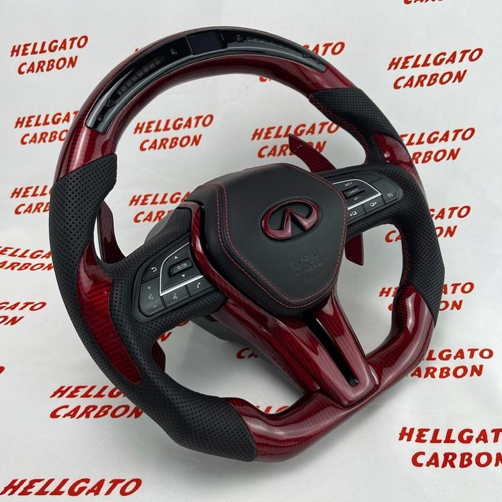 2017 Infiniti Q60 Custom Red Carbon Fiber Steering Wheel | OEM Flat Bottom | LED Shift Lights | Extended Paddle Shifters - Image 3