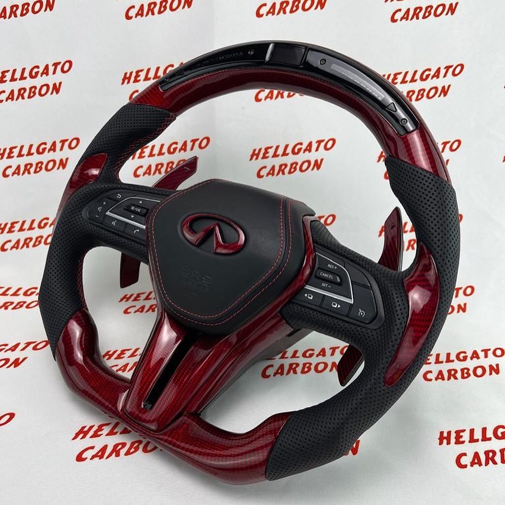 2017 Infiniti Q60 Custom Red Carbon Fiber Steering Wheel | OEM Flat Bottom | LED Shift Lights | Extended Paddle Shifters - Image 4