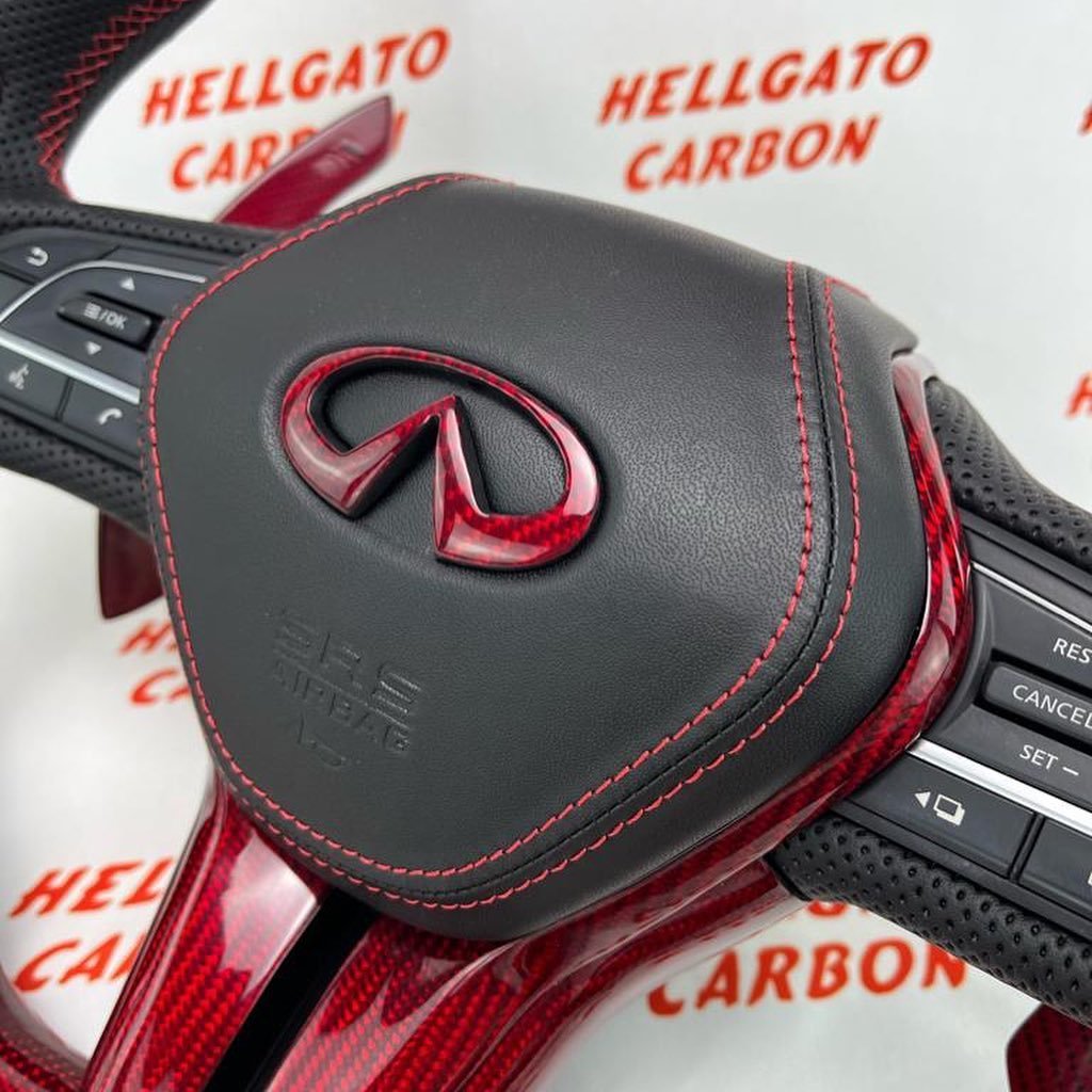 2017 Infiniti Q60 Custom Red Carbon Fiber Steering Wheel | OEM Flat Bottom | LED Shift Lights | Extended Paddle Shifters - Image 5