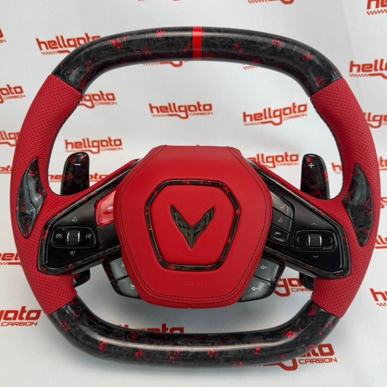 Chevrolet Corvette C8 Custom Red Forged Carbon Fiber OEM Steering Wheel | Heated | LED Corvette Logo
