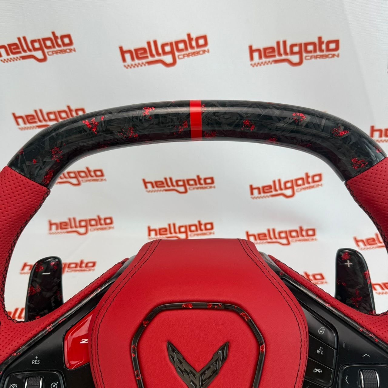 Chevrolet Corvette C8 Custom Red Forged Carbon Fiber OEM Steering Wheel | Heated | LED Corvette Logo - Image 3