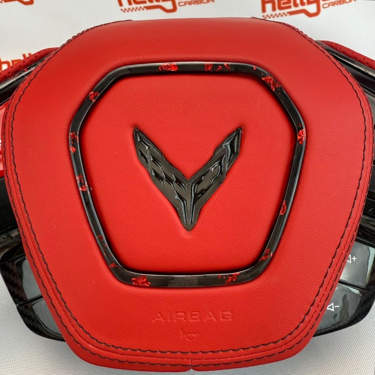 Chevrolet Corvette C8 Custom Red Forged Carbon Fiber OEM Steering Wheel | Heated | LED Corvette Logo - Image 4