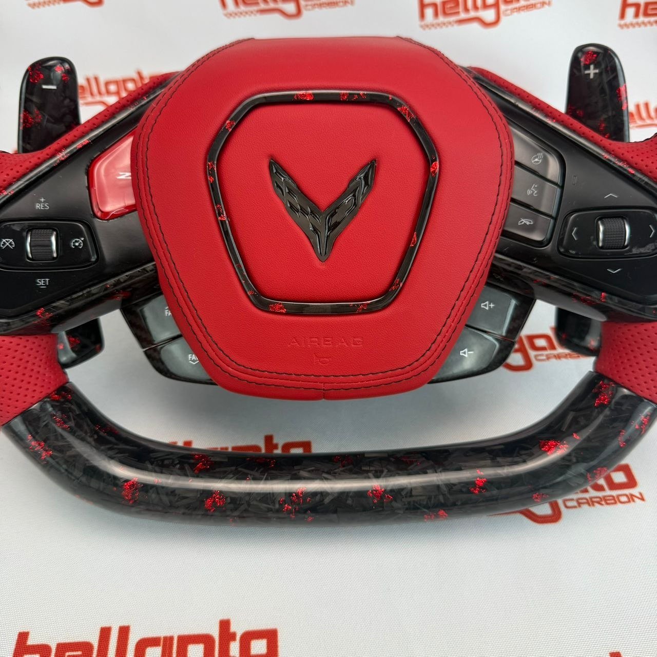 Chevrolet Corvette C8 Custom Red Forged Carbon Fiber OEM Steering Wheel | Heated | LED Corvette Logo - Image 5