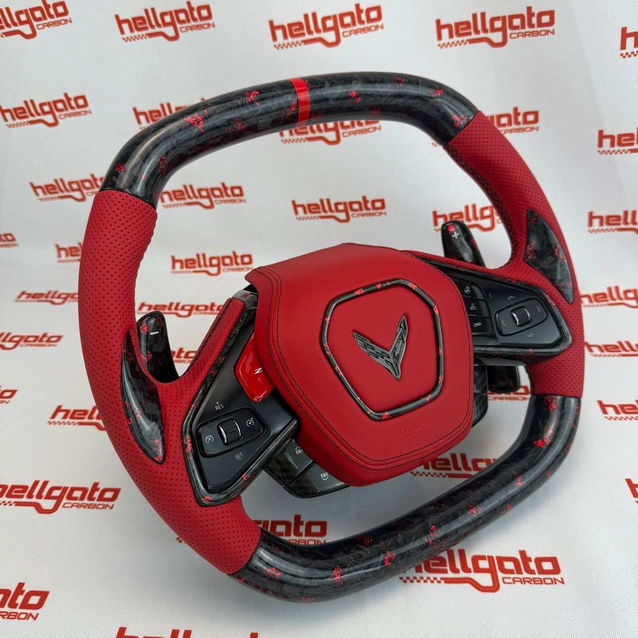 Chevrolet Corvette C8 Custom Red Forged Carbon Fiber OEM Steering Wheel | Heated | LED Corvette Logo - Image 6