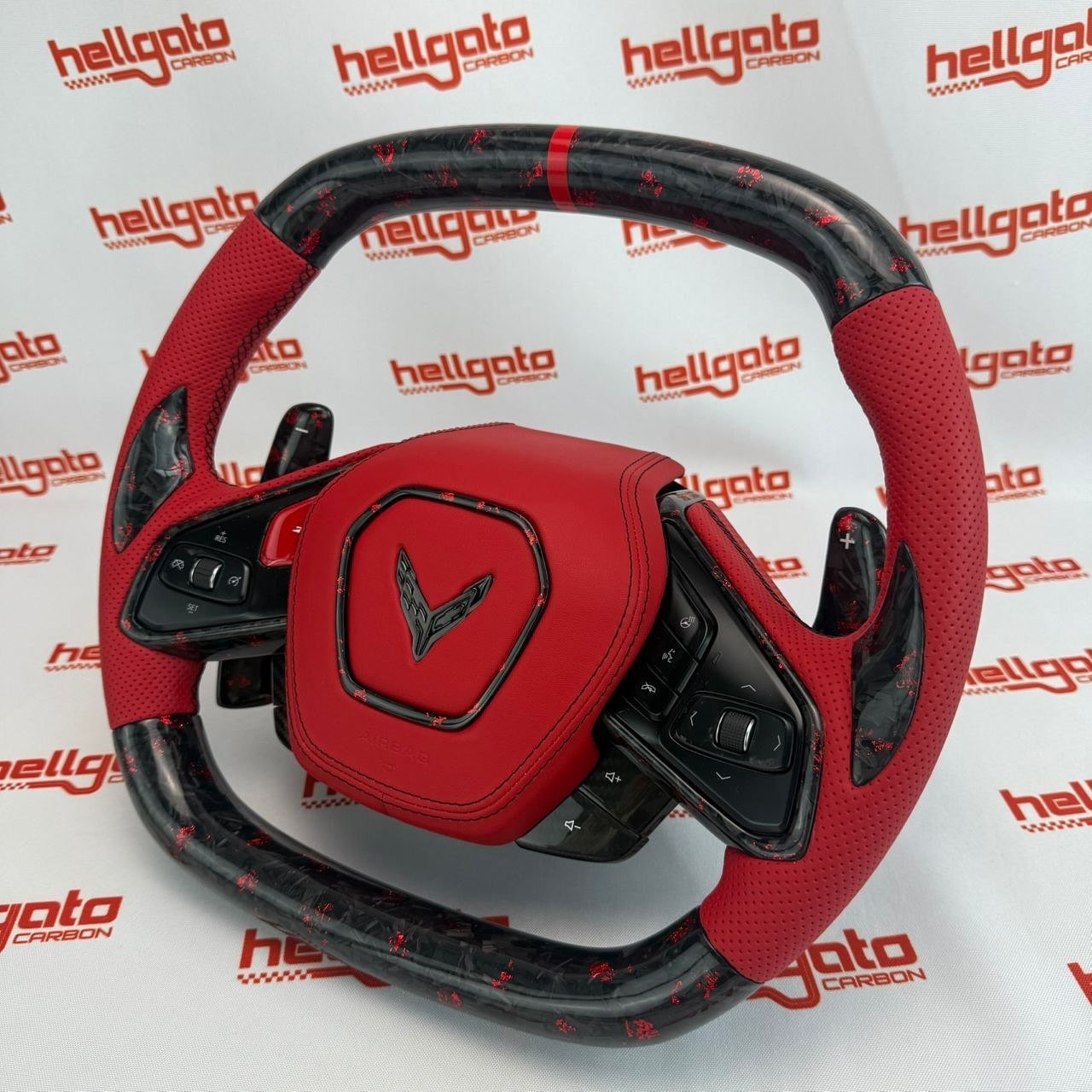 Chevrolet Corvette C8 Custom Red Forged Carbon Fiber OEM Steering Wheel | Heated | LED Corvette Logo - Image 7