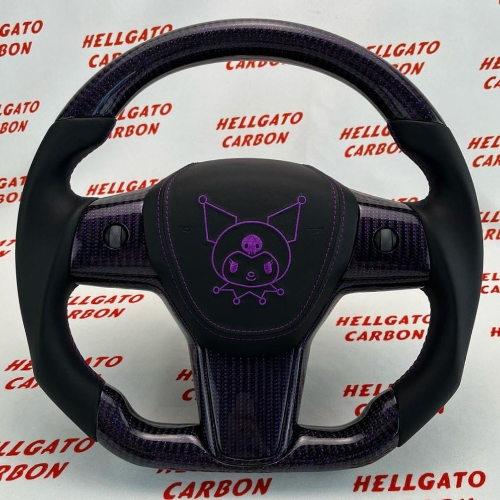 # **Custom 2021 Tesla Model Y Steering Wheel – Purple Reflective Carbon Fiber \| Flat Bottom \| OEM Style**