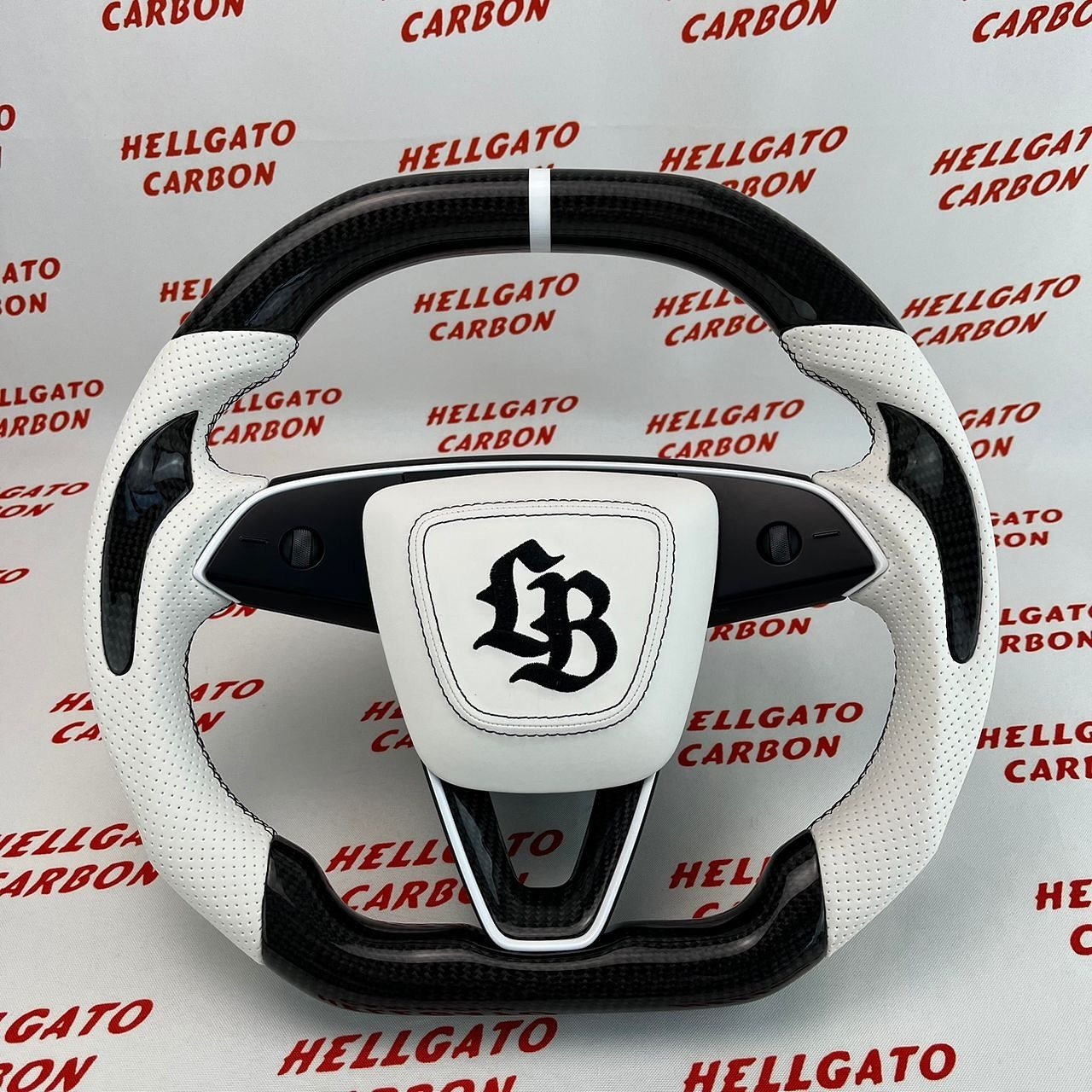 Custom 2024 Tesla Model 3 Steering Wheel – Gloss Black Carbon Fiber | Flat Top & Flat Bottom | Heated | White Leather
