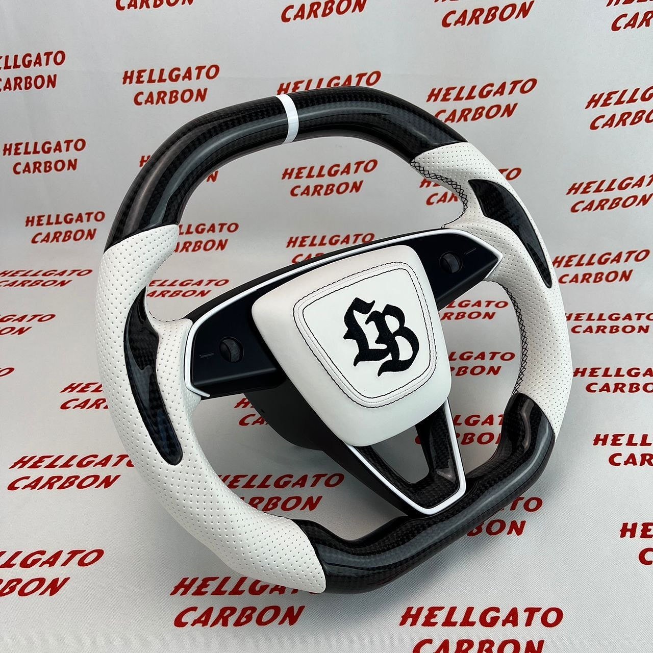 Custom 2024 Tesla Model 3 Steering Wheel – Gloss Black Carbon Fiber | Flat Top & Flat Bottom | Heated | White Leather - Image 2