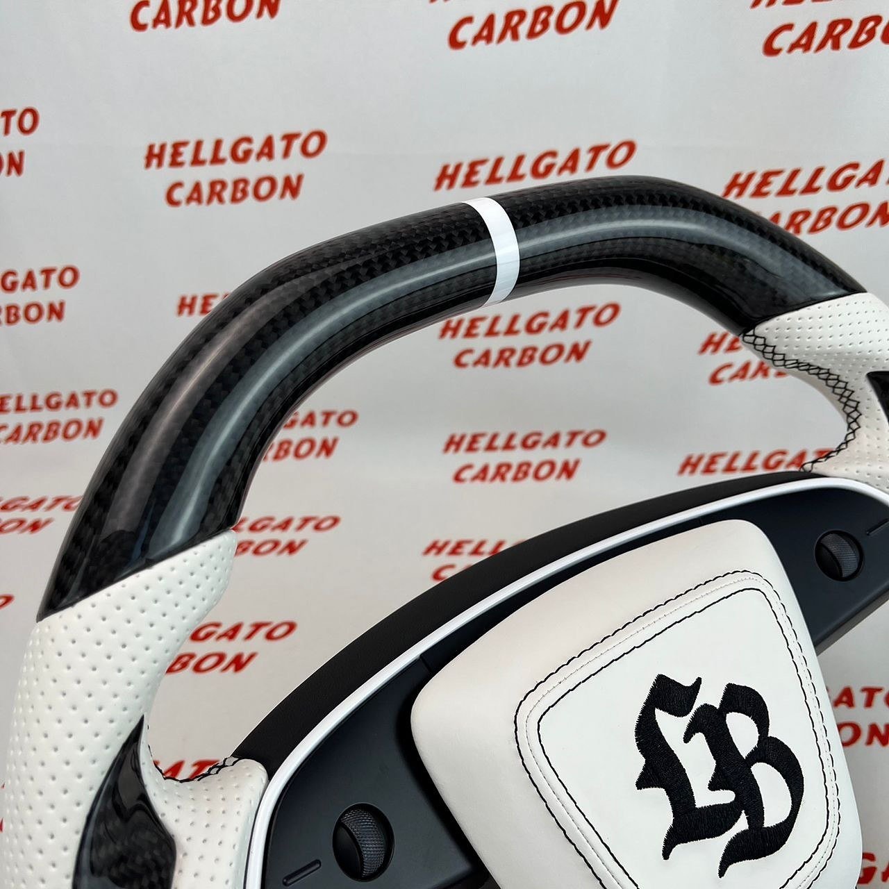 Custom 2024 Tesla Model 3 Steering Wheel – Gloss Black Carbon Fiber | Flat Top & Flat Bottom | Heated | White Leather - Image 3