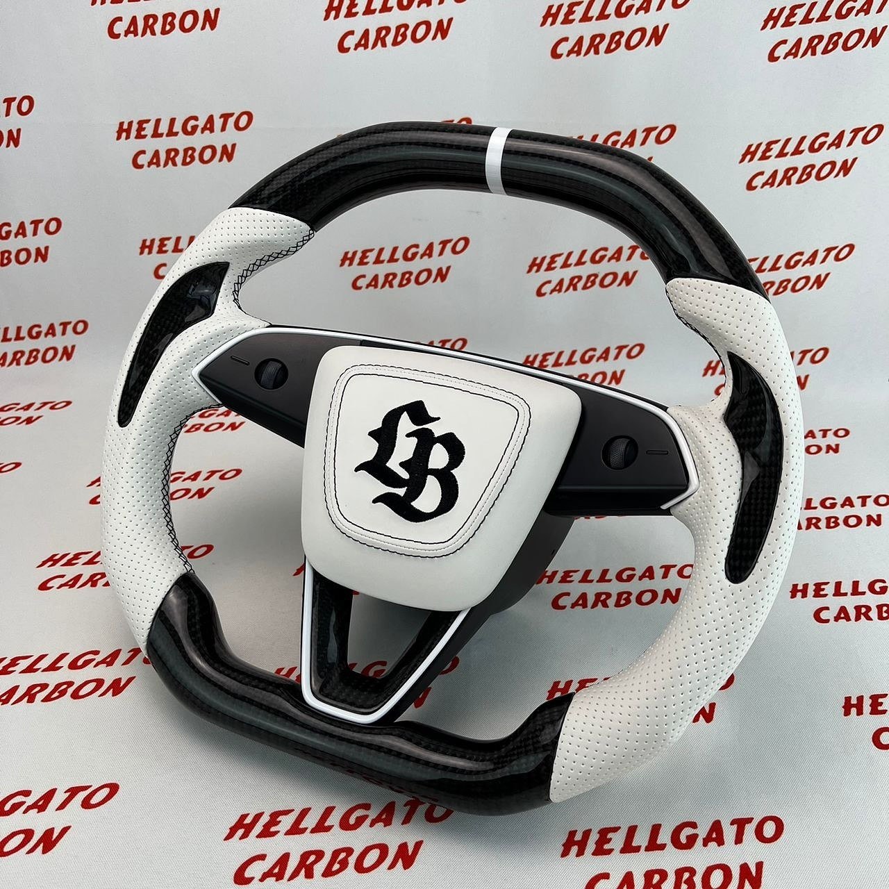 Custom 2024 Tesla Model 3 Steering Wheel – Gloss Black Carbon Fiber | Flat Top & Flat Bottom | Heated | White Leather - Image 8