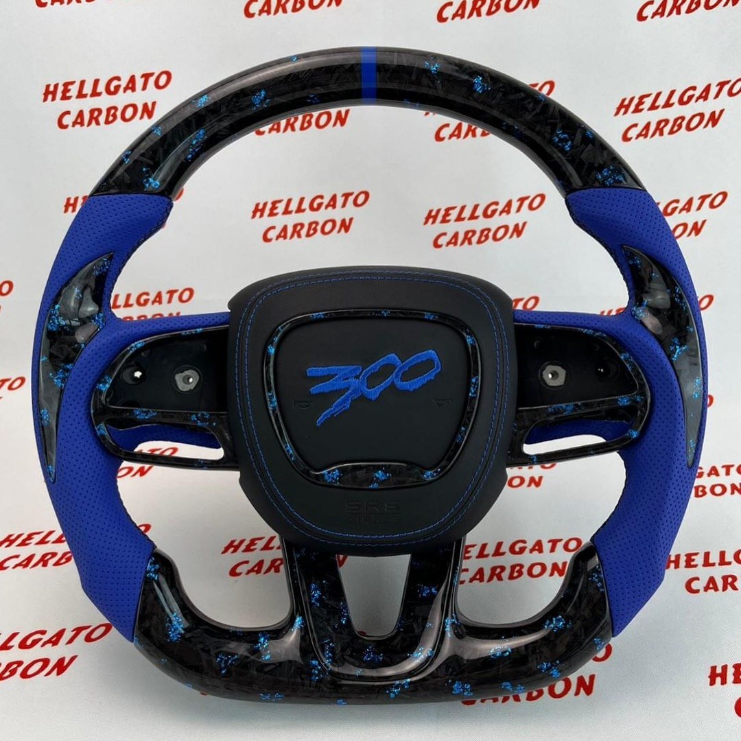 # **Custom 2015–2023 Chrysler 300 to Dodge SRT Conversion Steering Wheel – Blue Forged Carbon Fiber \| Flat Bottom \| OEM Performance Upgrade**
